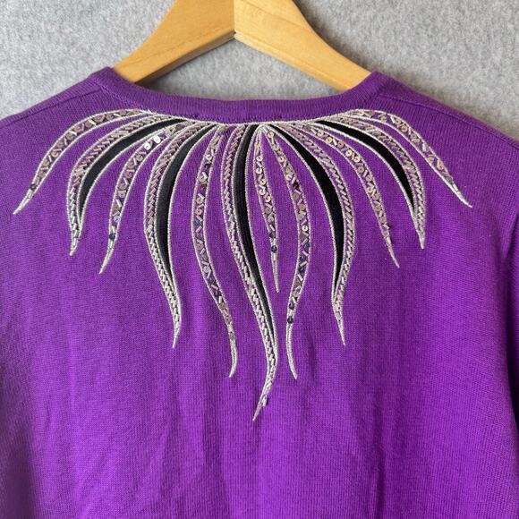 NWT Bob Mackie Cardigan Sweater Women’s Medium Purple Wearable Art Sequins Retro - Picture 5 of 11
